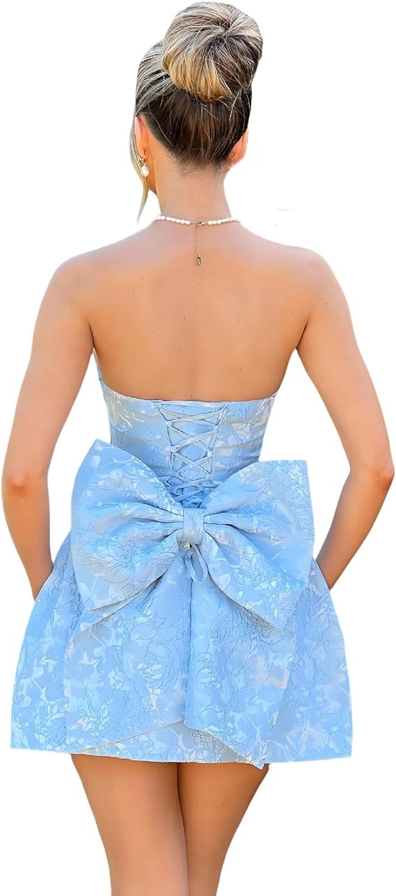Sky Blue Floral Homecoming Dresses With Bowknot, AST2035