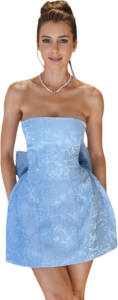 Sky Blue Floral Homecoming Dresses With Bowknot, AST2035