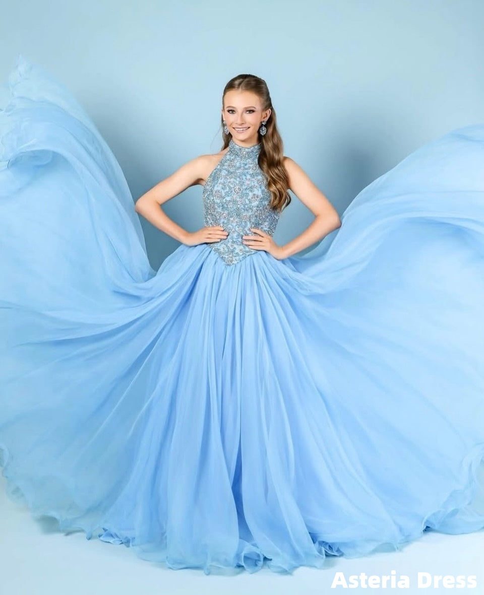Sky Blue Halter A-Line Beaded Organza Long Prom Dresses
