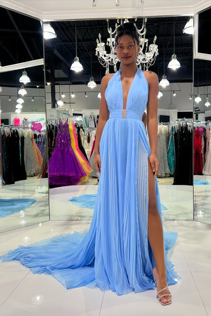 Sky Blue Halter Evening Prom Dresses V-Neck Formal Gown With Slit, AST1463