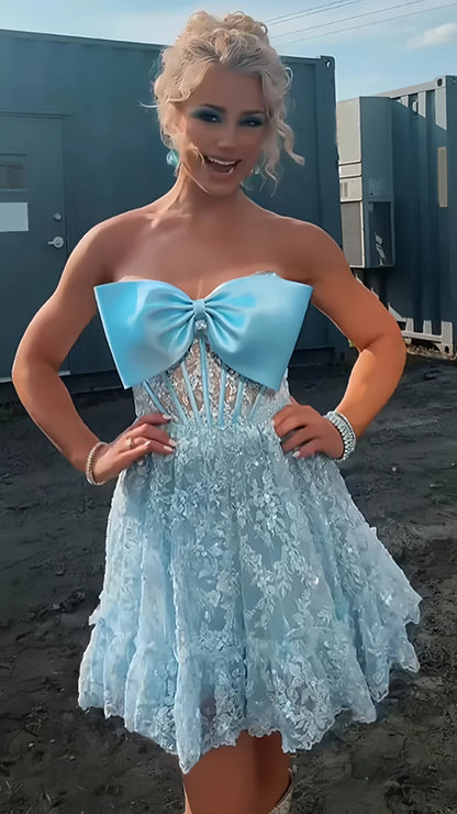 Sky Blue Lace Homecoming Dresses Bowknot Sleeveless Mini Party Dress, AST1936