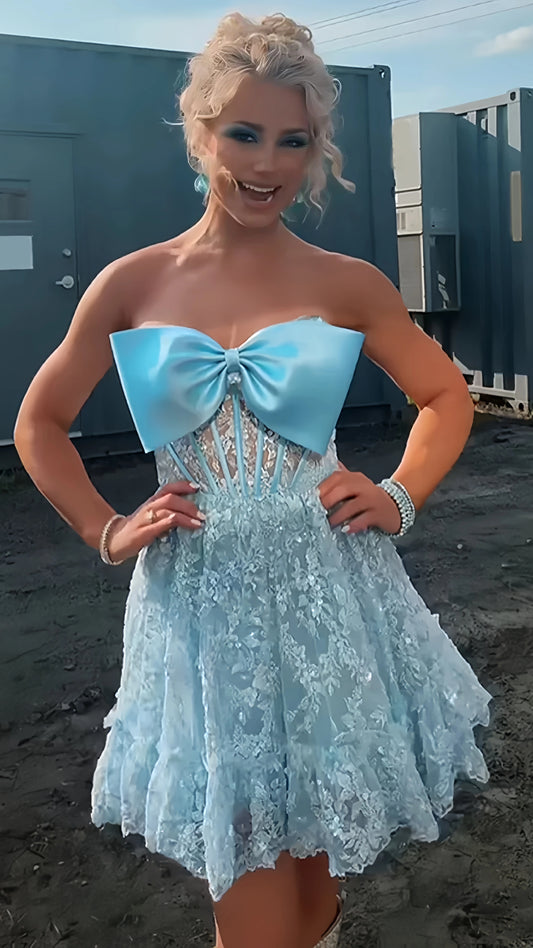 Sky Blue Lace Homecoming Dresses Bowknot Sleeveless Mini Party Dress, AST1936