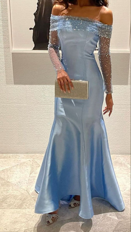 Sky Blue Mermaid Long Prom Dresses Off The Shoulder Evening Gown,AST2060