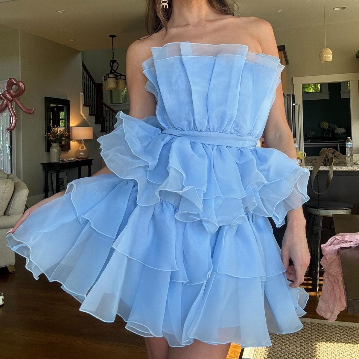 Sky Blue Organza Homecoming Dress Strapless Party Dresses, AST1931