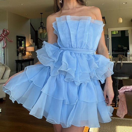 Sky Blue Organza Homecoming Dress Strapless Party Dresses, AST1931
