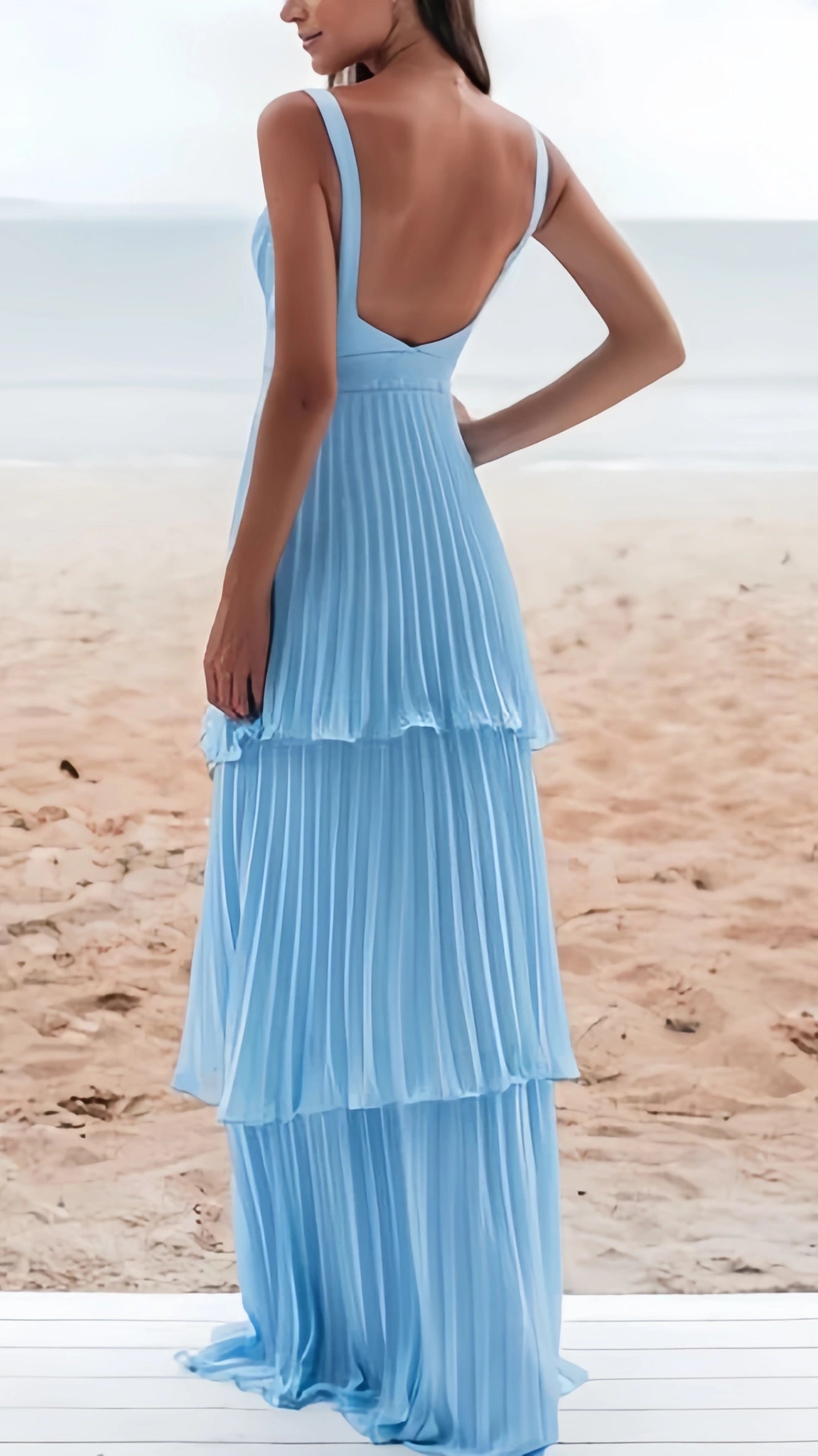Sky Blue Pleated Long Prom Dresses V-neck Evening Dress,AST2076