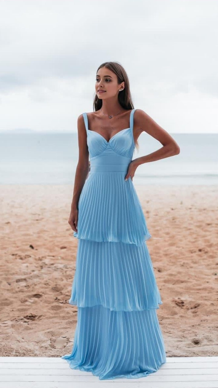 Sky Blue Pleated Long Prom Dresses V-neck Evening Dress,AST2076