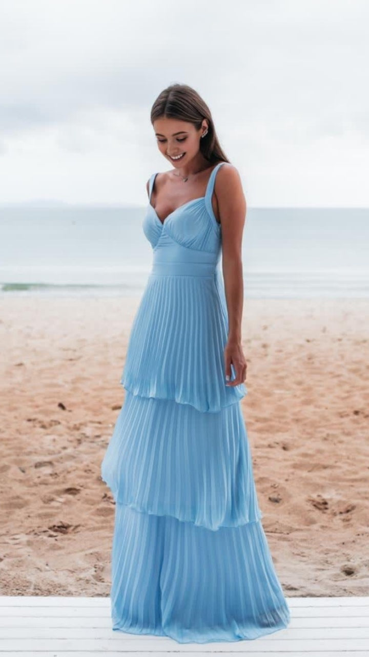 Sky Blue Pleated Long Prom Dresses V-neck Evening Dress,AST2076