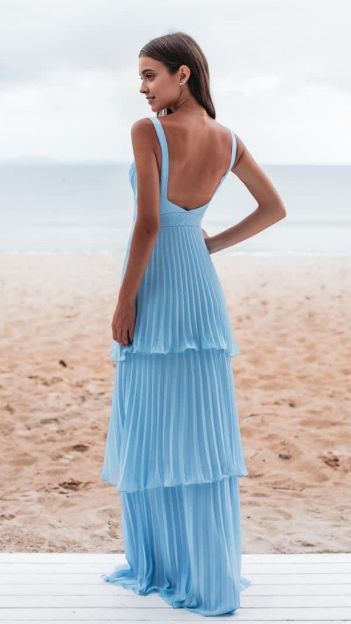 Sky Blue Pleated Long Prom Dresses V-neck Evening Dress,AST2076