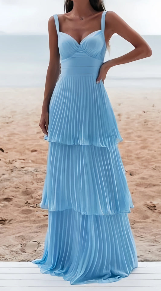 Sky Blue Pleated Long Prom Dresses V-neck Evening Dress,AST2076