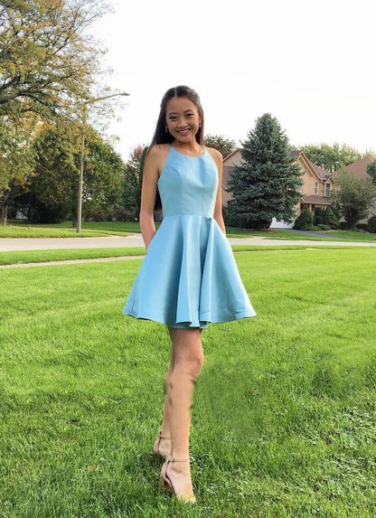 Sky Blue Sleeveless A-Line Mini Homecoming Dresses, AST985