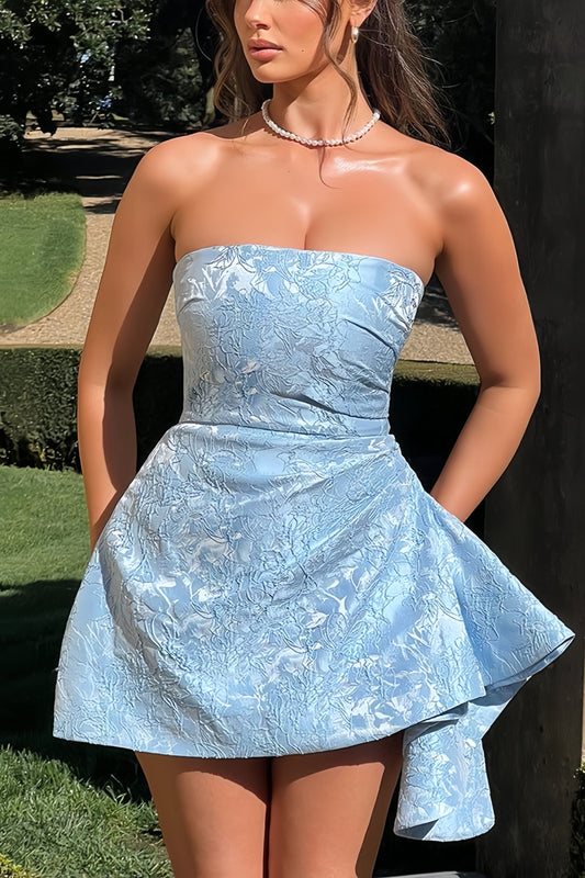 Sky Blue Strapless Floral Homecoming Dresses Back To School Dress,AST2067