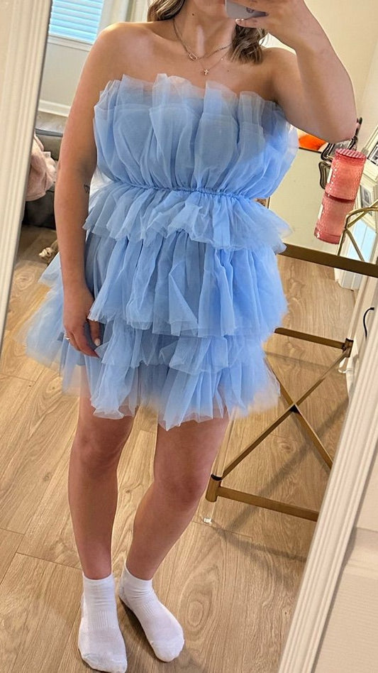 Sky Blue Tulle Homecoming Dress Strapless Party Dresses, AST1930
