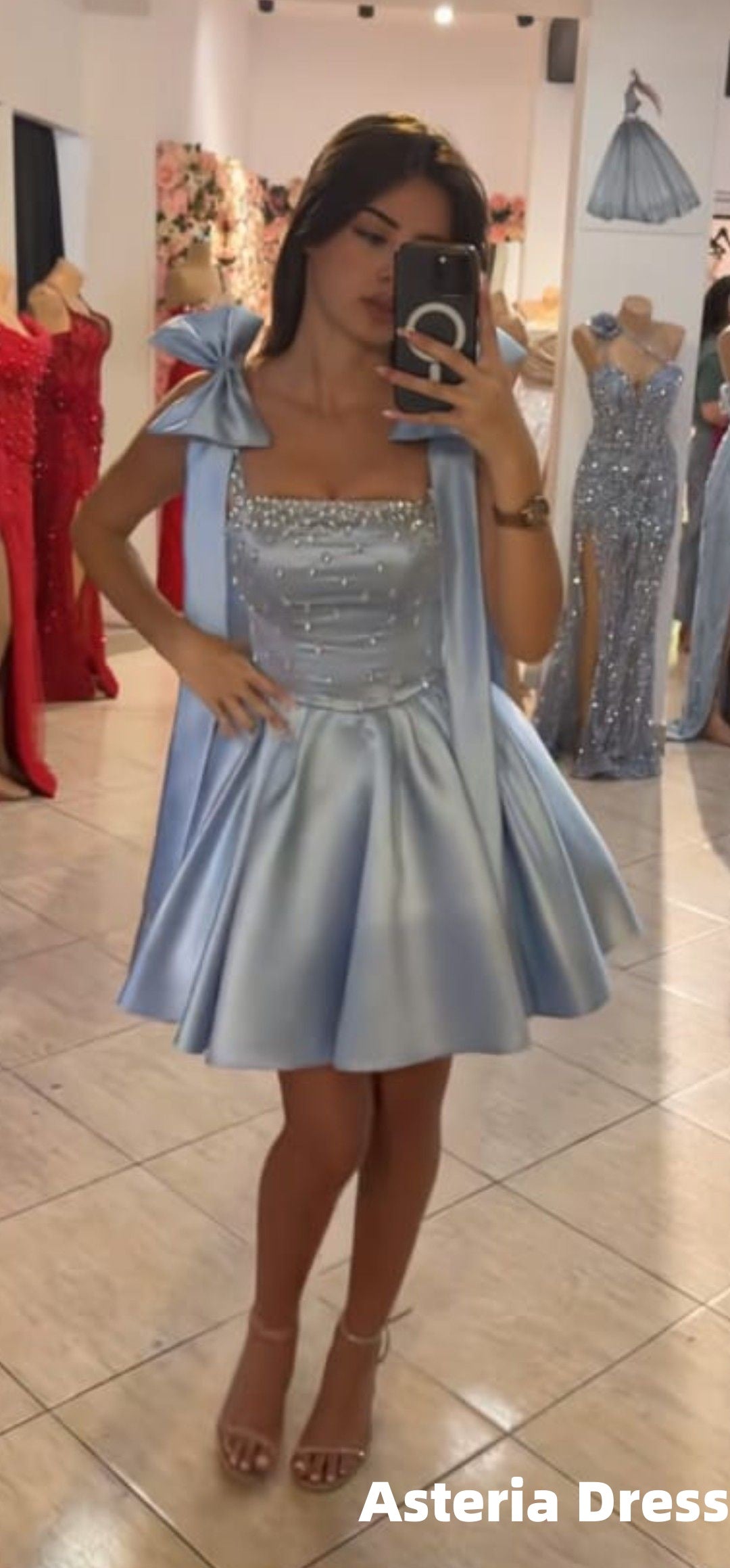 Sky Blue Beaded A-Line Homecoming Dresses With Bowknots