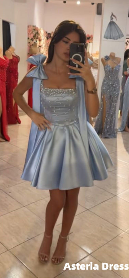 Sky Blue Beaded A-Line Homecoming Dresses With Bowknots