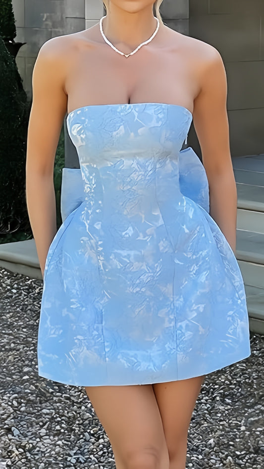 Sky Blue Floral Homecoming Dresses With Bowknot, AST2035