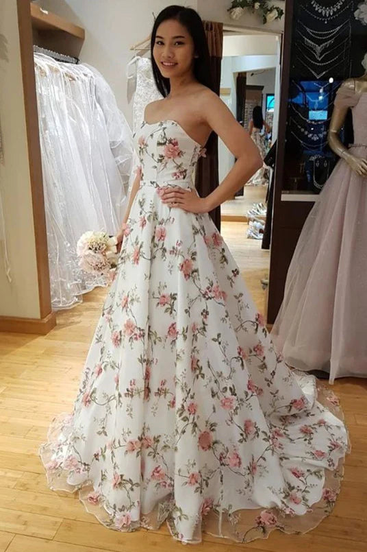 Sleeveless A-Line Floral Long Prom Dress,AST937