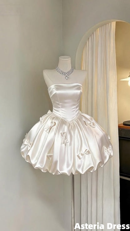 Soft Ivory Strapless Homecoming Dress Bowknots Hoco Dresses