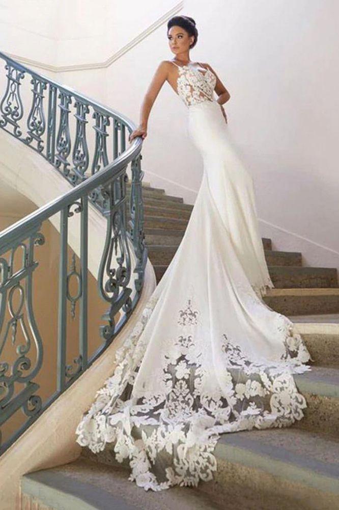 Spaghetti Strap Backless Applique Fitted Mermaid Wedding Dresses,AST1221