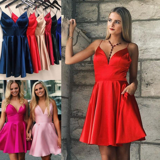 Spaghetti Straps A-Line Satin Homecoming Dress Mini Celebrity Dresses, AST982