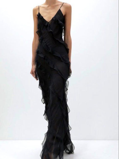 Spaghetti Straps Black Chiffon Layers Prom Dress, AST906 - Asteria