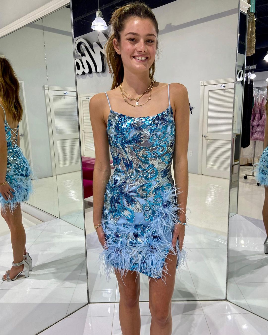 Spaghetti Straps Blue Sequin Homecoming Dresses Feather Bodycon Short Cocktail Dress, AST1374