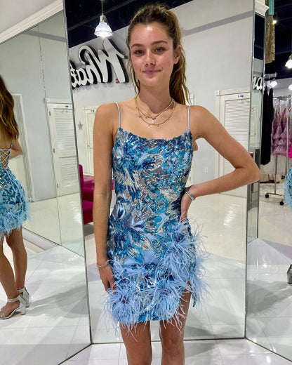 Spaghetti Straps Blue Sequin Homecoming Dresses Feather Bodycon Short Cocktail Dress, AST1374