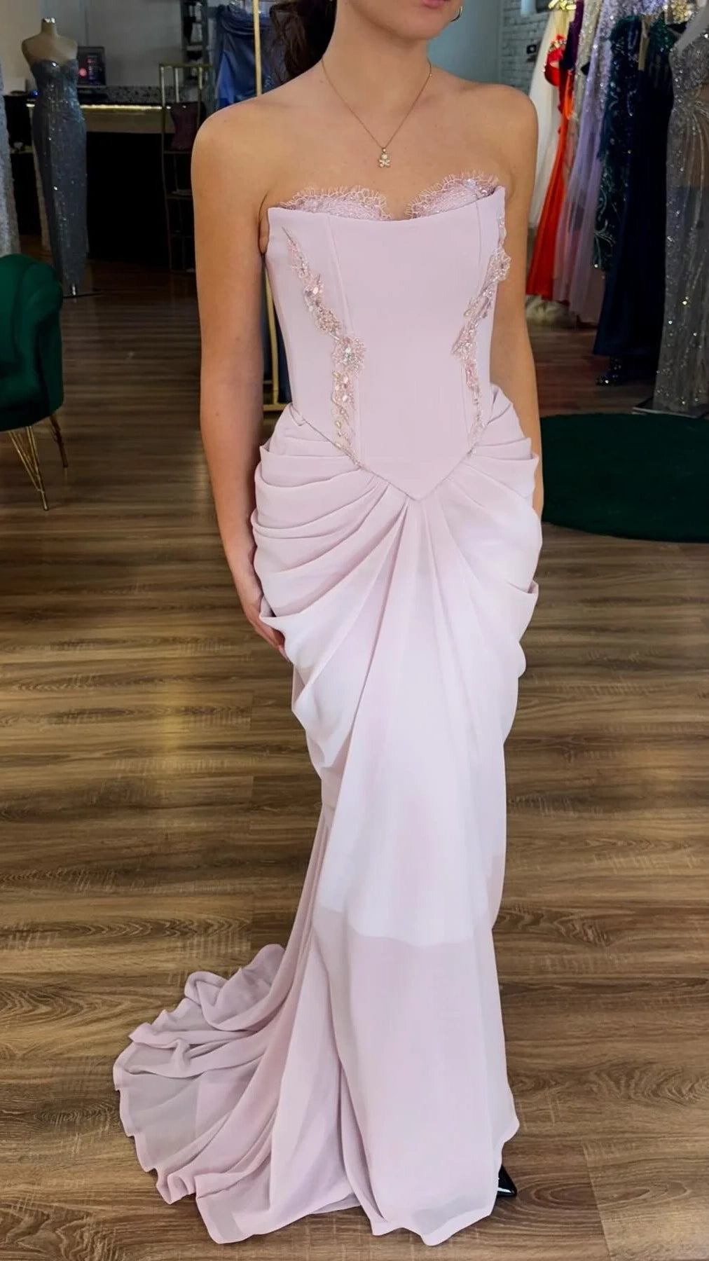 Light Pink Bodycon Prom Dresses Appliques Mermaid Evening Dance Dress,AST2189