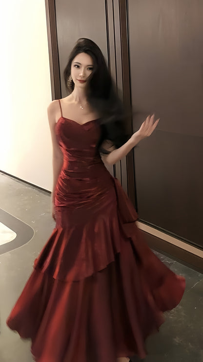 Spaghetti Straps Burgundy Long Prom Dresses Ruffles Maxi Prom Dress, Formal Dress,AST2103