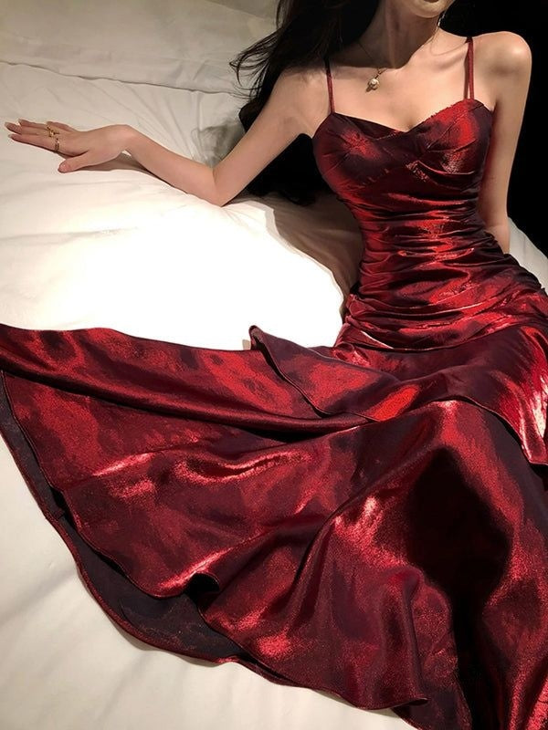 Spaghetti Straps Burgundy Long Prom Dresses Ruffles Maxi Prom Dress, Formal Dress,AST2103