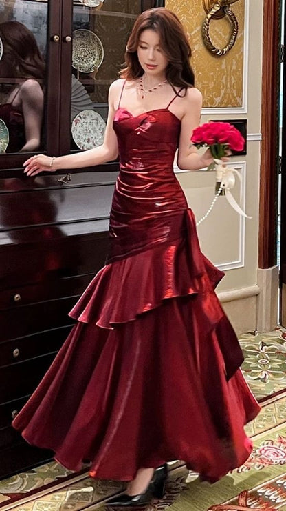 Spaghetti Straps Burgundy Long Prom Dresses Ruffles Maxi Prom Dress, Formal Dress,AST2103