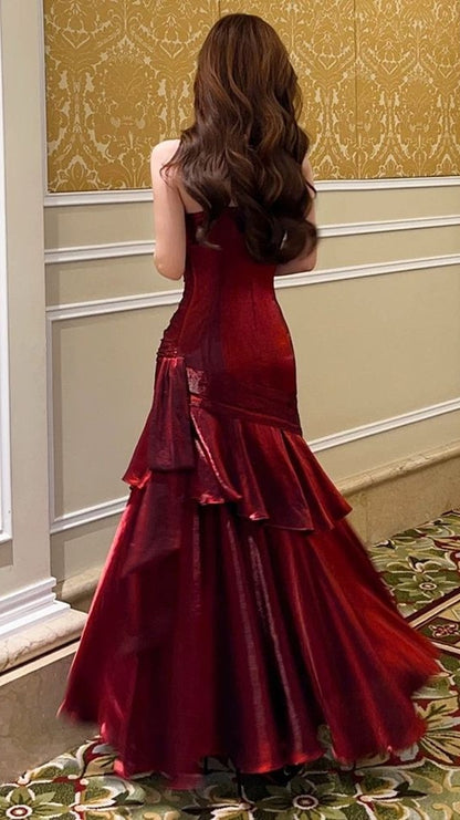 Spaghetti Straps Burgundy Long Prom Dresses Ruffles Maxi Prom Dress, Formal Dress,AST2103