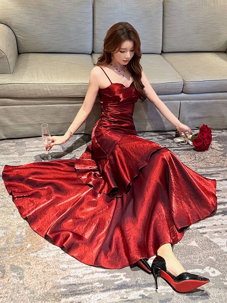 Spaghetti Straps Burgundy Long Prom Dresses Ruffles Maxi Prom Dress, Formal Dress,AST2103