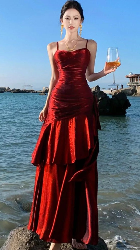 Spaghetti Straps Burgundy Long Prom Dresses Ruffles Maxi Prom Dress, Formal Dress,AST2103