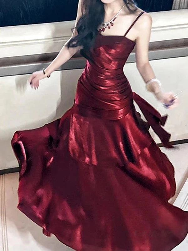 Spaghetti Straps Burgundy Long Prom Dresses Ruffles Maxi Prom Dress, Formal Dress,AST2103