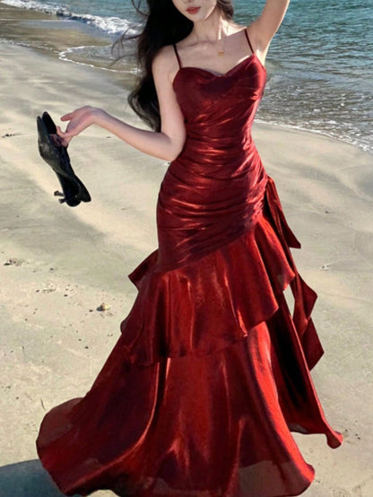 Spaghetti Straps Burgundy Long Prom Dresses Ruffles Maxi Prom Dress, Formal Dress,AST2103