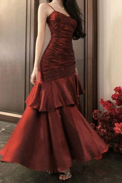 Spaghetti Straps Burgundy Long Prom Dresses Ruffles Maxi Prom Dress, Formal Dress,AST2103