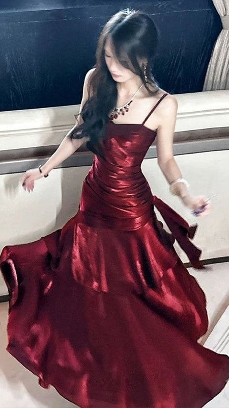 Spaghetti Straps Burgundy Long Prom Dresses Ruffles Maxi Prom Dress, Formal Dress,AST2103