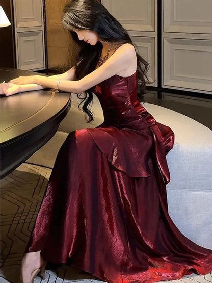 Spaghetti Straps Burgundy Long Prom Dresses Ruffles Maxi Prom Dress, Formal Dress,AST2103