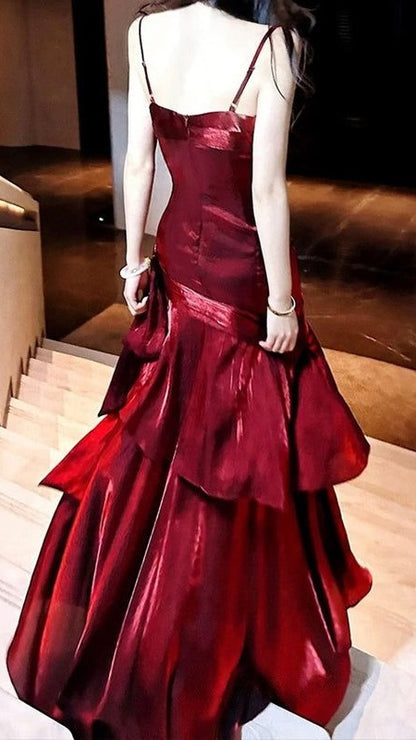 Spaghetti Straps Burgundy Long Prom Dresses Ruffles Maxi Prom Dress, Formal Dress,AST2103