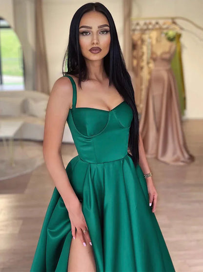 Spaghetti Straps Dark Green Long Satin Prom Dresses, Dark Green Long Satin Formal Evening Dresses,AST960