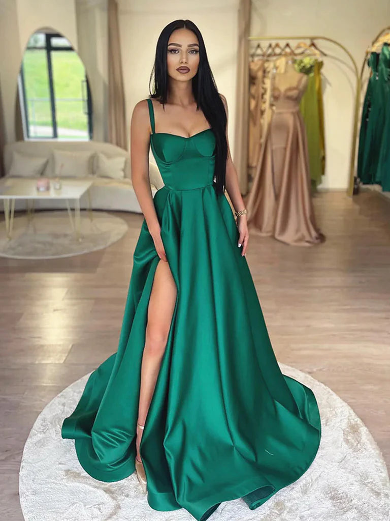 Spaghetti Straps Dark Green Long Satin Prom Dresses, Dark Green Long Satin Formal Evening Dresses,AST960