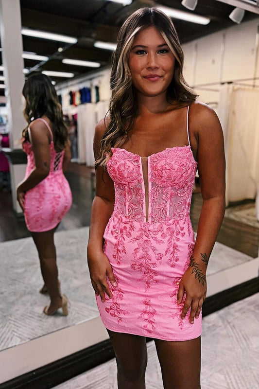 Spaghetti Straps Light Pink Appliques Homecoming Dresses, AST1421