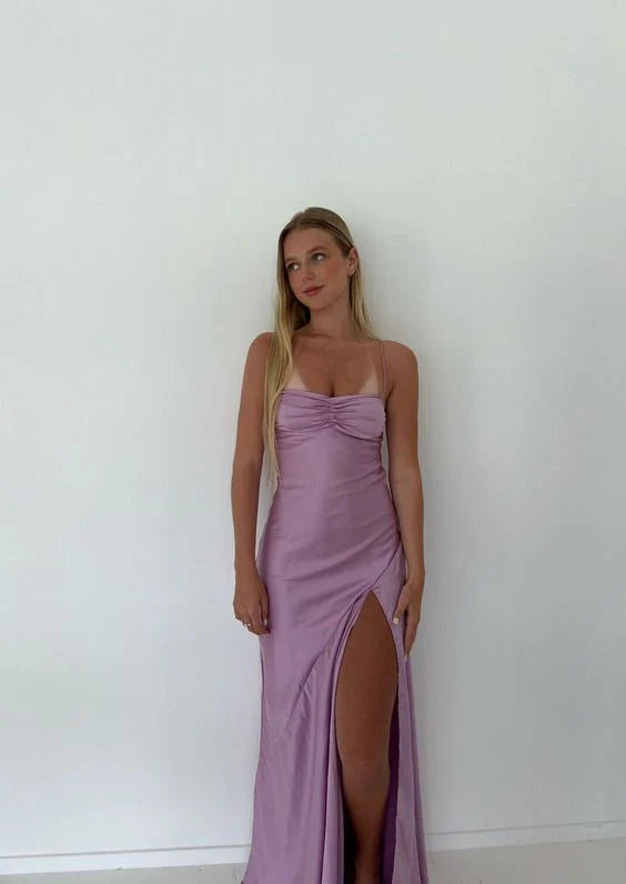 Spaghetti Straps Lilac Satin Floor Length Prom Dress, AST915 - Asteria