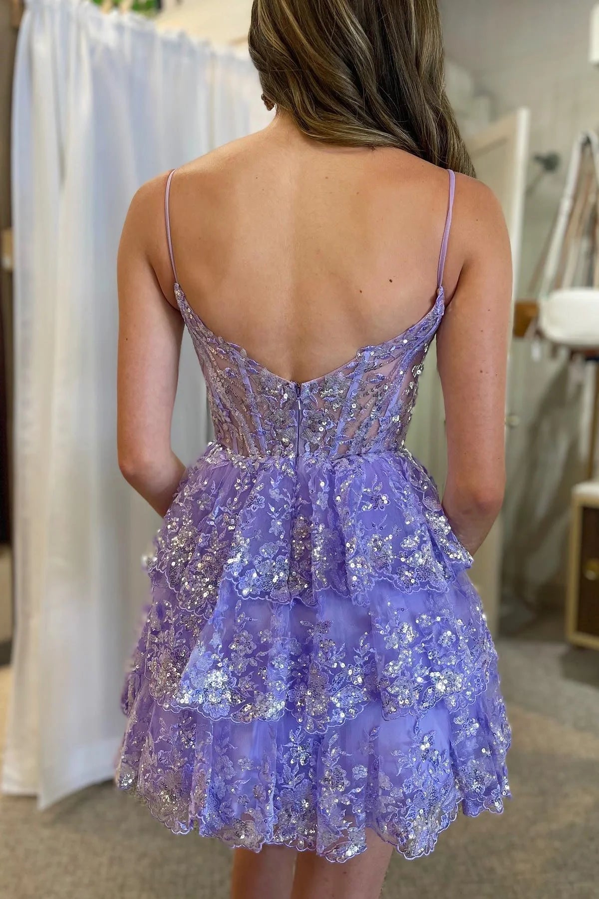 Spaghetti Straps Lilac Sequin Lace Mini Homecoming Dress, AST1017