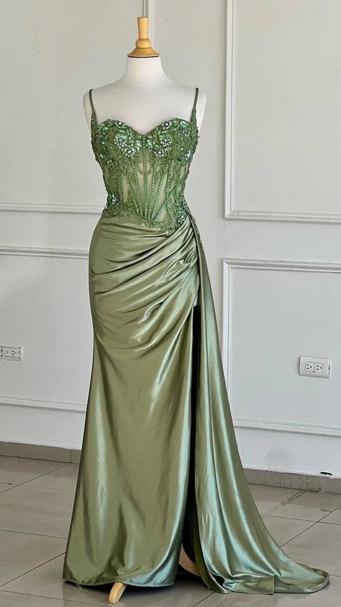 Spaghetti Straps Mermaid Prom Dresses Appliques Satin Evening Party Dress With Split,AST2202