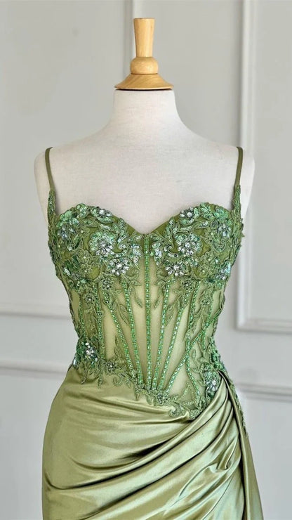 Spaghetti Straps Mermaid Prom Dresses Appliques Satin Evening Party Dress With Split,AST2202