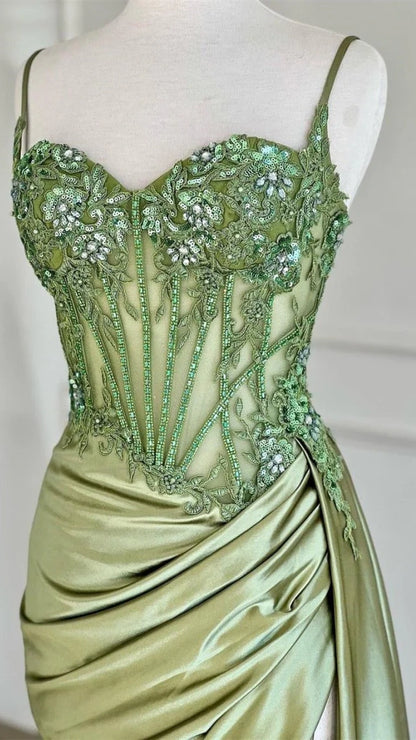 Spaghetti Straps Mermaid Prom Dresses Appliques Satin Evening Party Dress With Split,AST2202