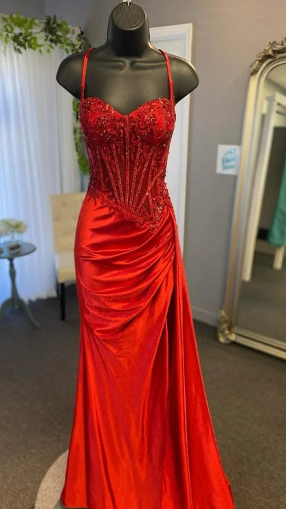 Spaghetti Straps Mermaid Prom Dresses Appliques Satin Evening Party Dress With Split,AST2202