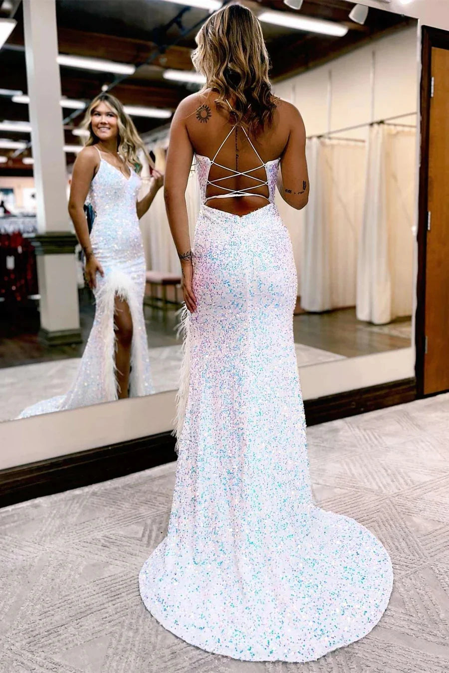 Spaghetti Straps Mermaid Sequin Long Prom Dresses With Feather Slit,AST939